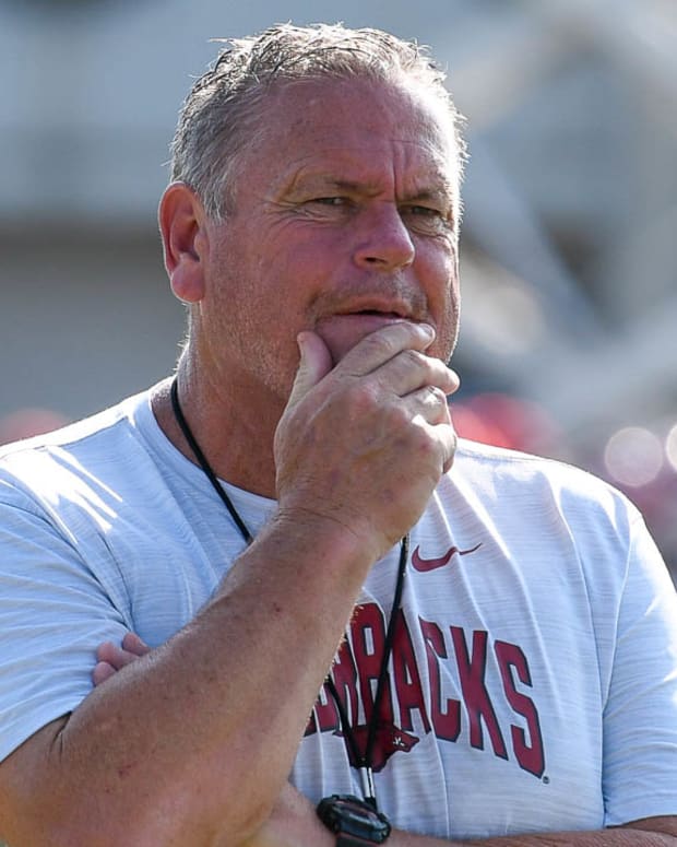 Razorbacks coach Sam Pittman during Friday morning's practice on the outdoor fields